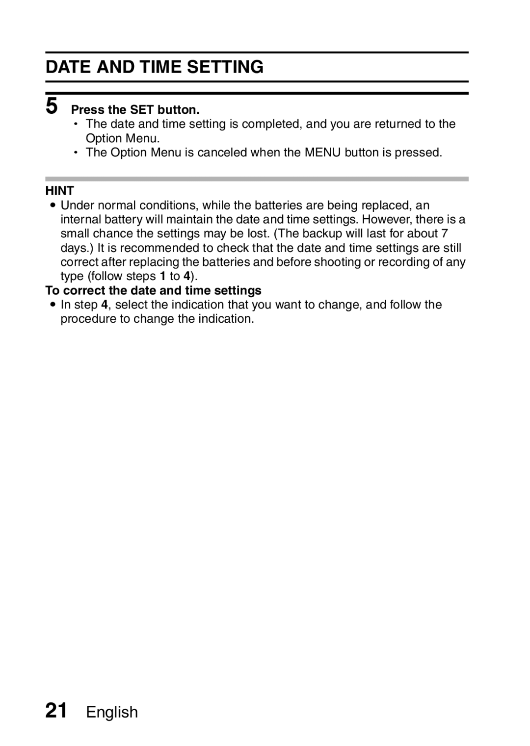 Sanyo VPC-S60 instruction manual Date and Time Setting, To correct the date and time settings 