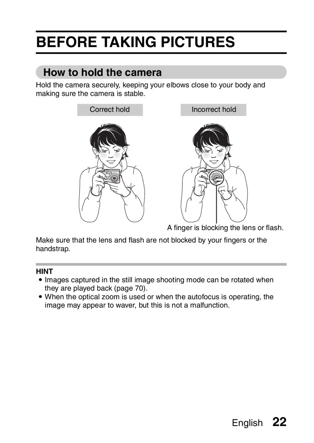 Sanyo VPC-S60 instruction manual Before Taking Pictures, How to hold the camera 