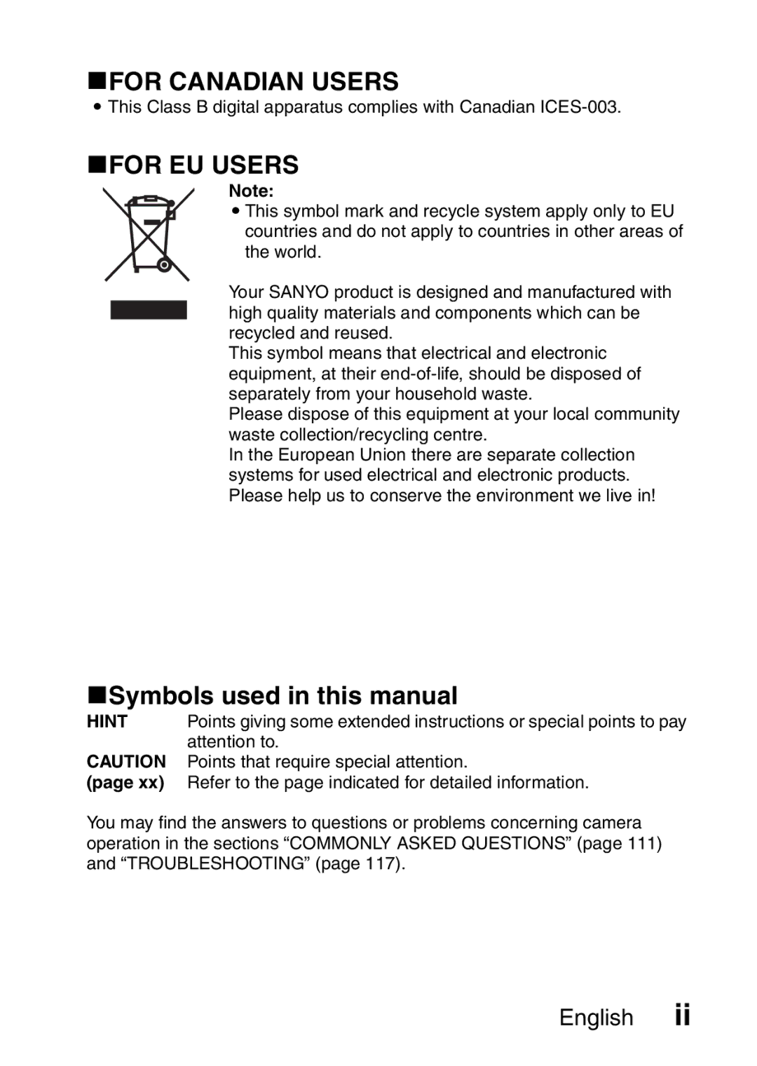 Sanyo VPC-S60 KFOR Canadian Users, KFOR EU Users, KSymbols used in this manual, Points that require special attention 