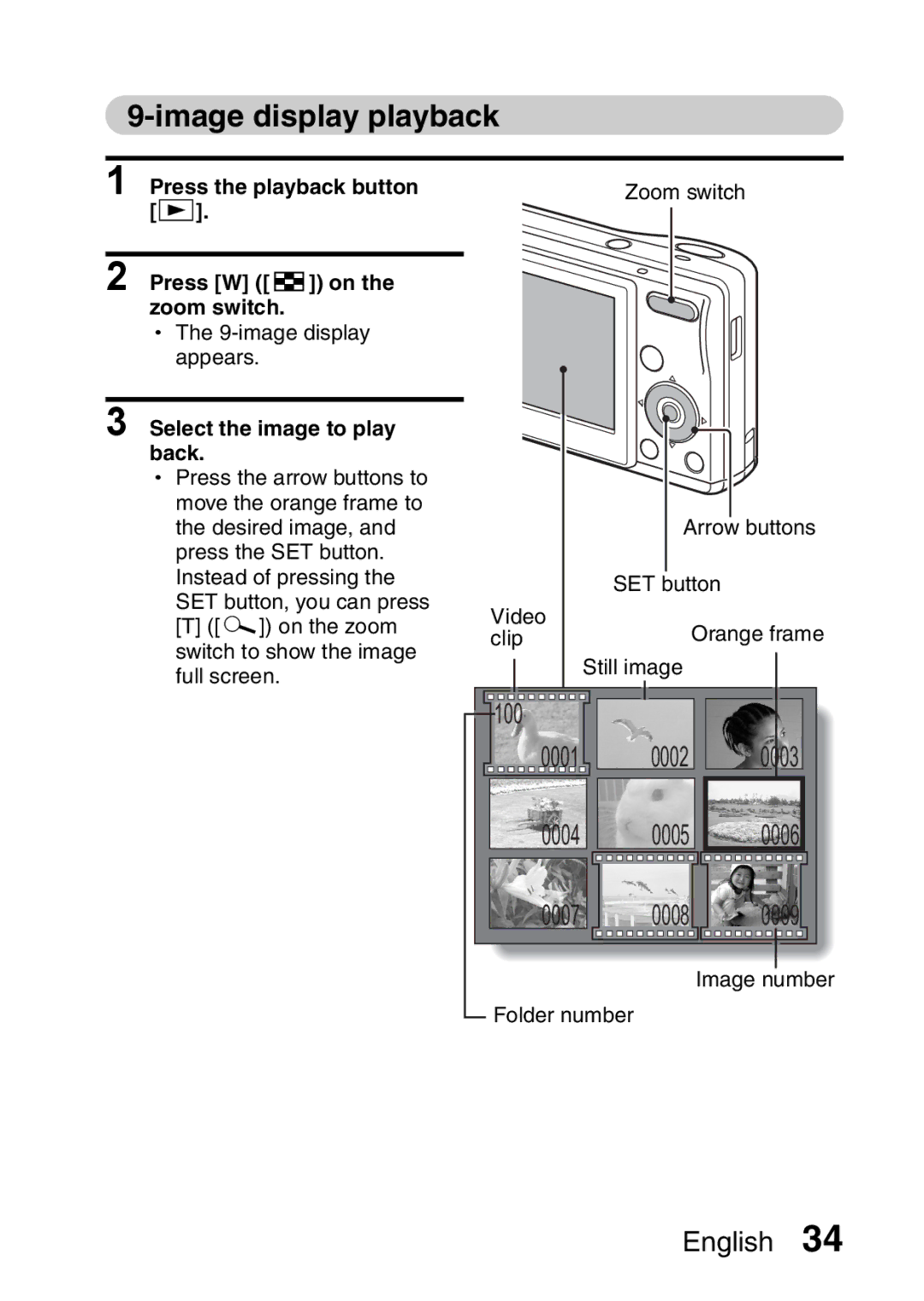 Sanyo VPC-S60 instruction manual Image display playback, Press the playback button, Press W P on the zoom switch 