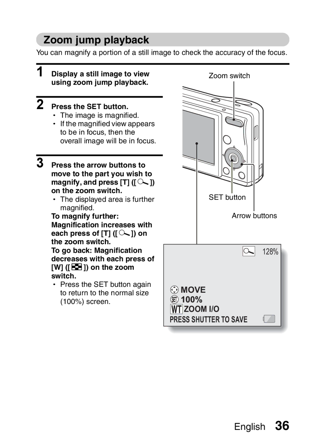 Sanyo VPC-S60 instruction manual Zoom jump playback, Decreases with each press On the zoom switch 