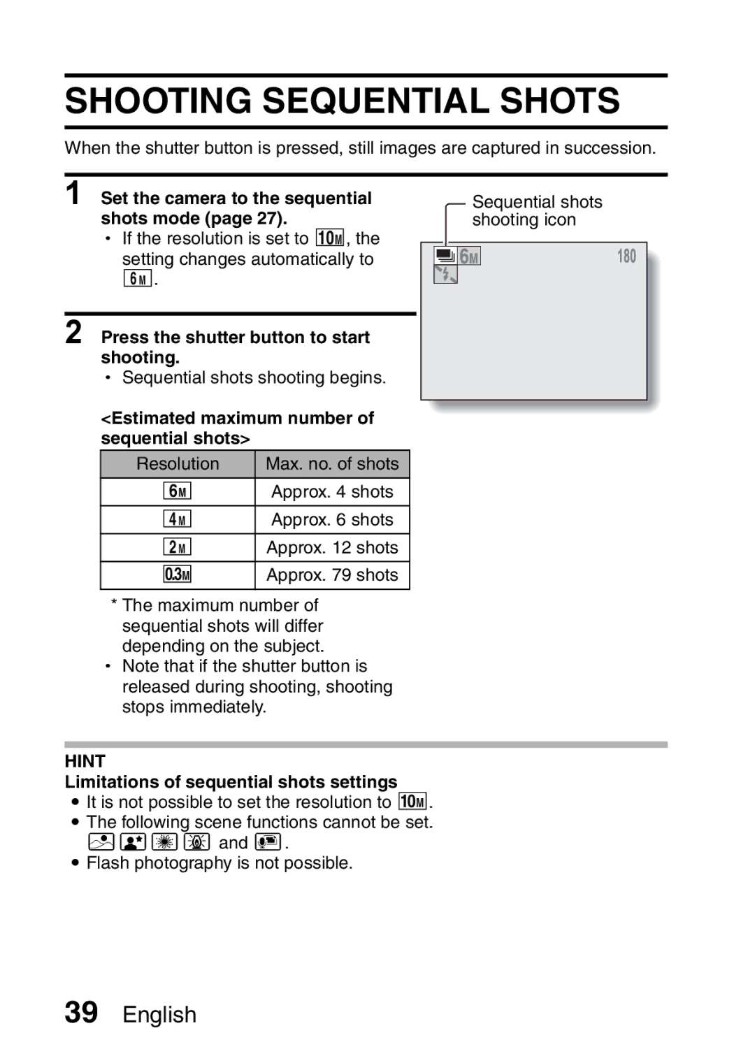 Sanyo VPC-S60 instruction manual Shooting Sequential Shots, Set the camera to the sequential shots mode 