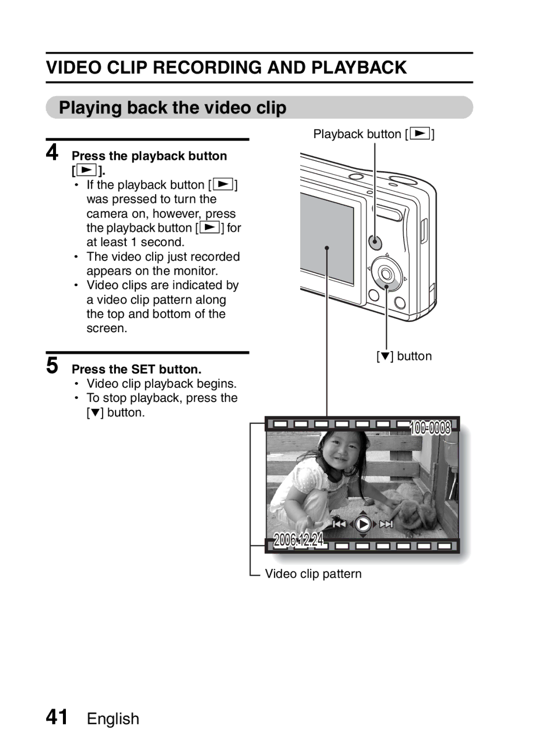 Sanyo VPC-S60 instruction manual Video Clip Recording and Playback, Playing back the video clip 