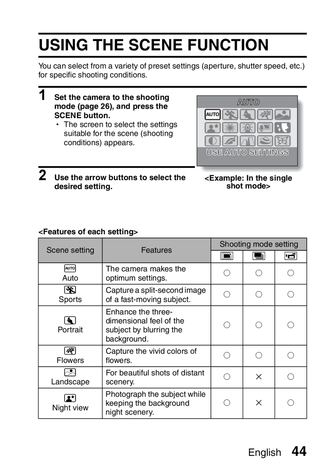 Sanyo VPC-S60 instruction manual Using the Scene Function, Example In the single Shot mode 