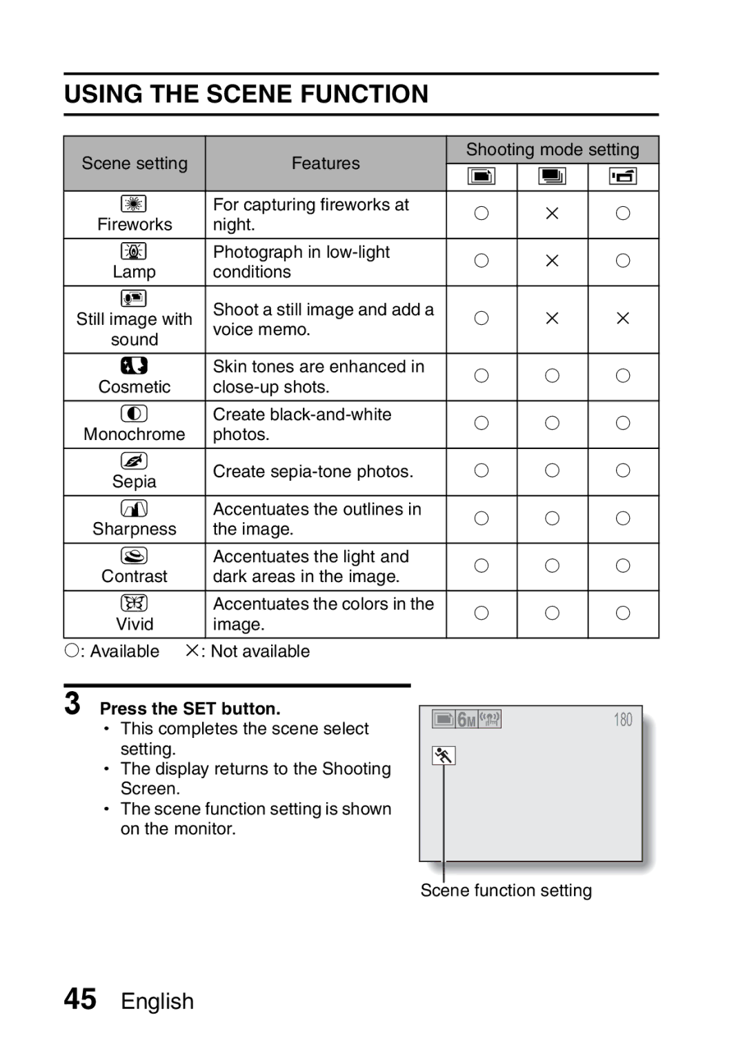 Sanyo VPC-S60 instruction manual Using the Scene Function, Press the SET button 