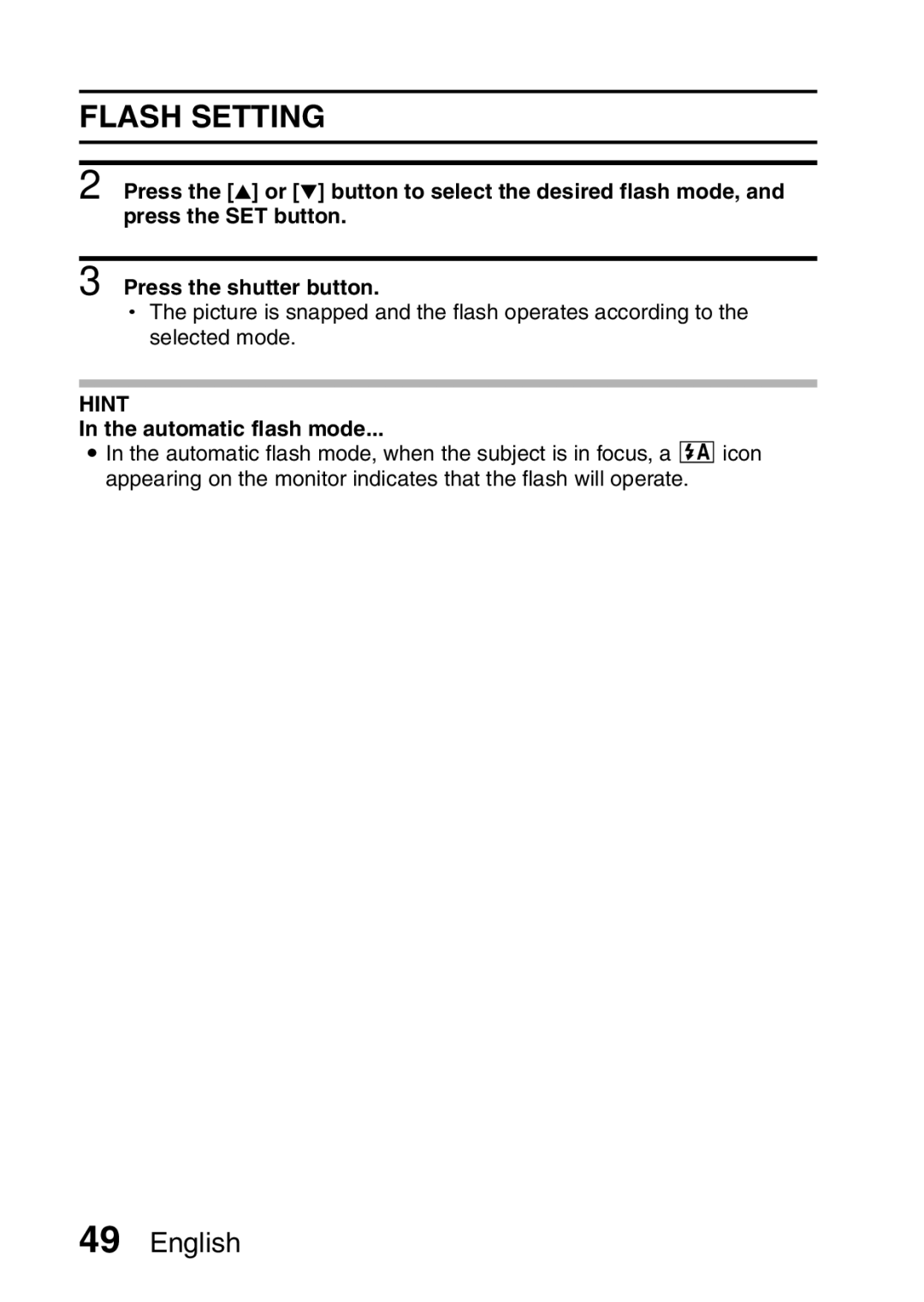 Sanyo VPC-S60 instruction manual Flash Setting, Automatic flash mode 