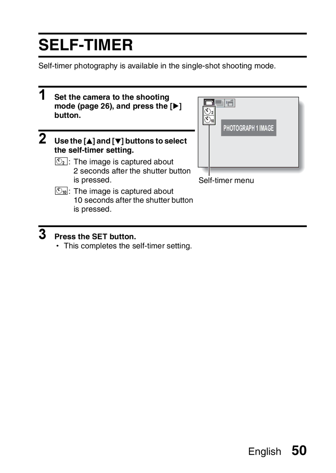 Sanyo VPC-S60 instruction manual Self-Timer, Press the SET button 