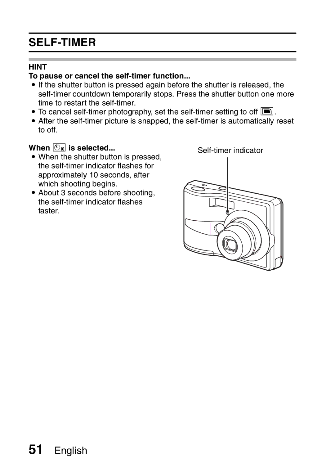 Sanyo VPC-S60 instruction manual Self-Timer, To pause or cancel the self-timer function, When xis selected 