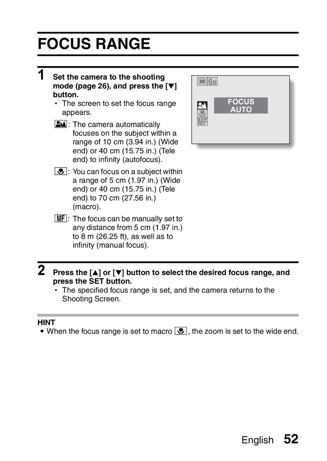 Sanyo VPC-S60 instruction manual Focus Range 