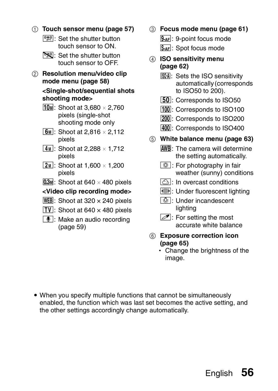 Sanyo VPC-S60 Touch sensor menu, Video clip recording mode, Focus mode menu, ISO sensitivity menu, White balance menu 