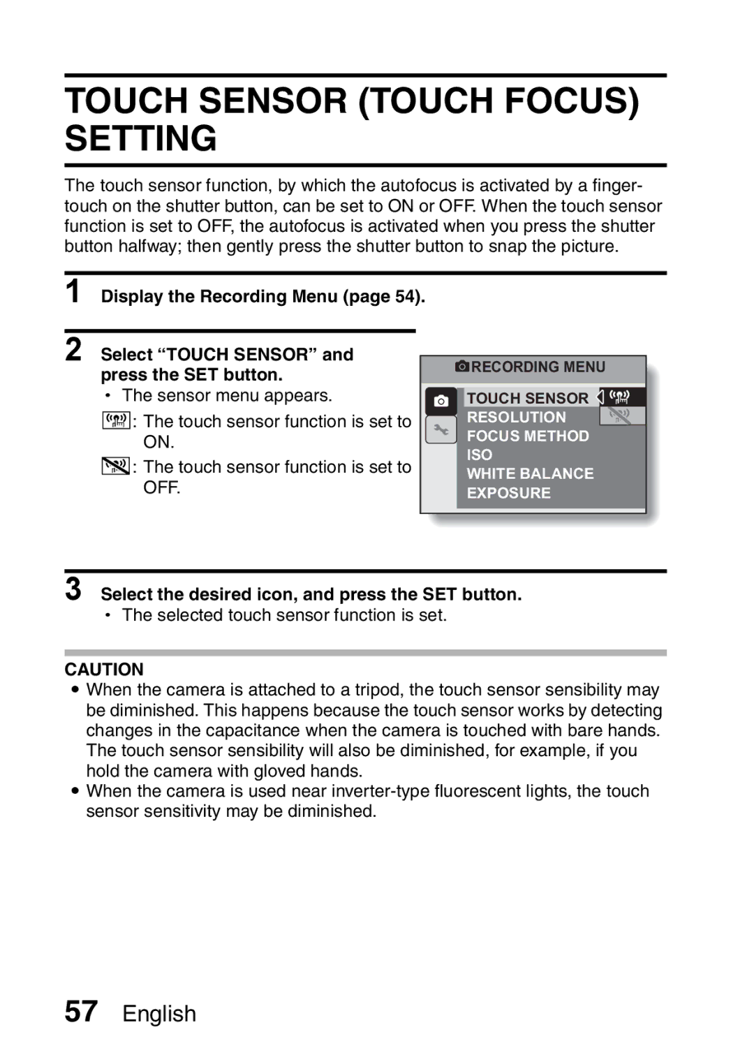 Sanyo VPC-S60 instruction manual Touch Sensor Touch Focus Setting, Select the desired icon, and press the SET button 