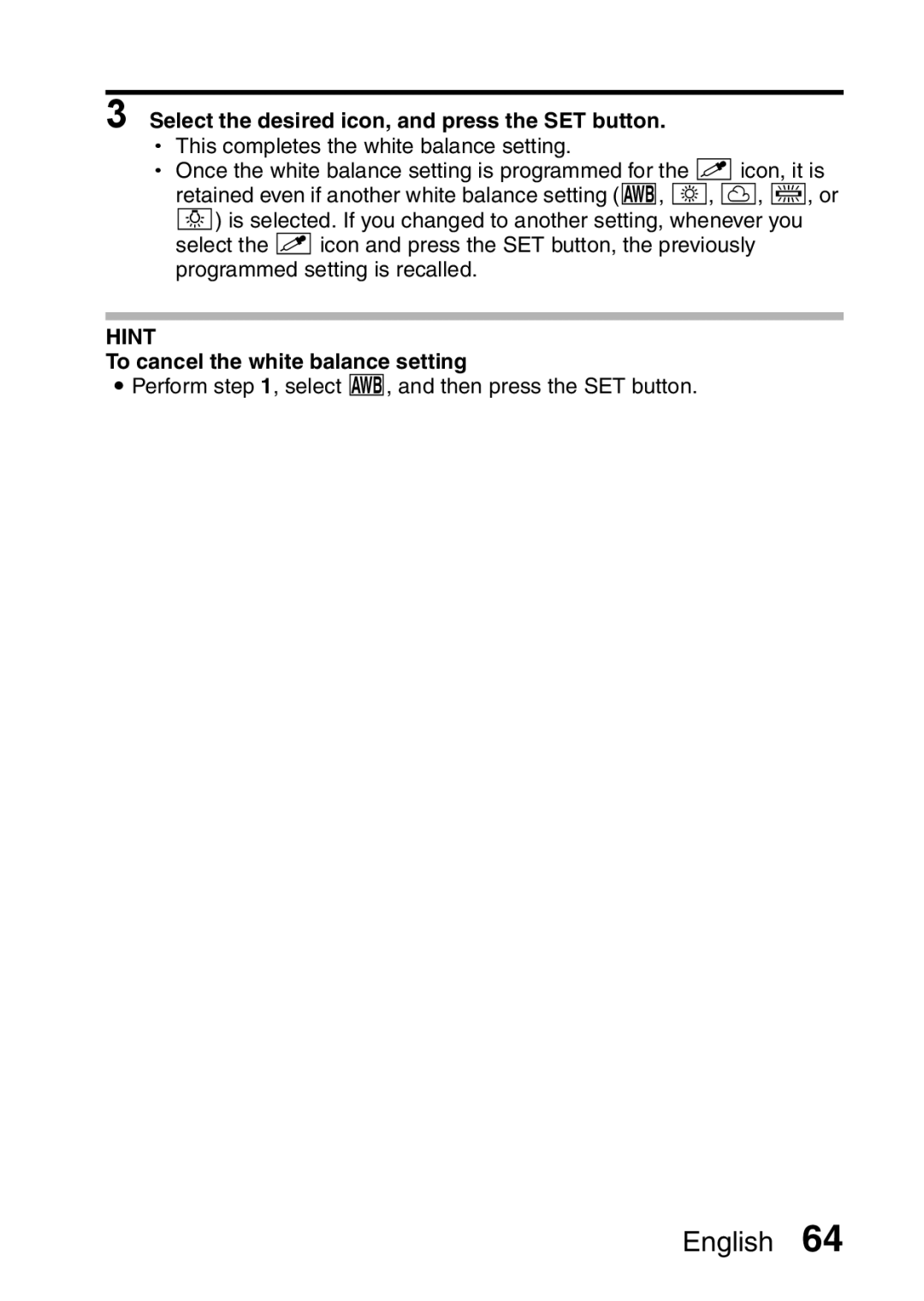 Sanyo VPC-S60 instruction manual To cancel the white balance setting 