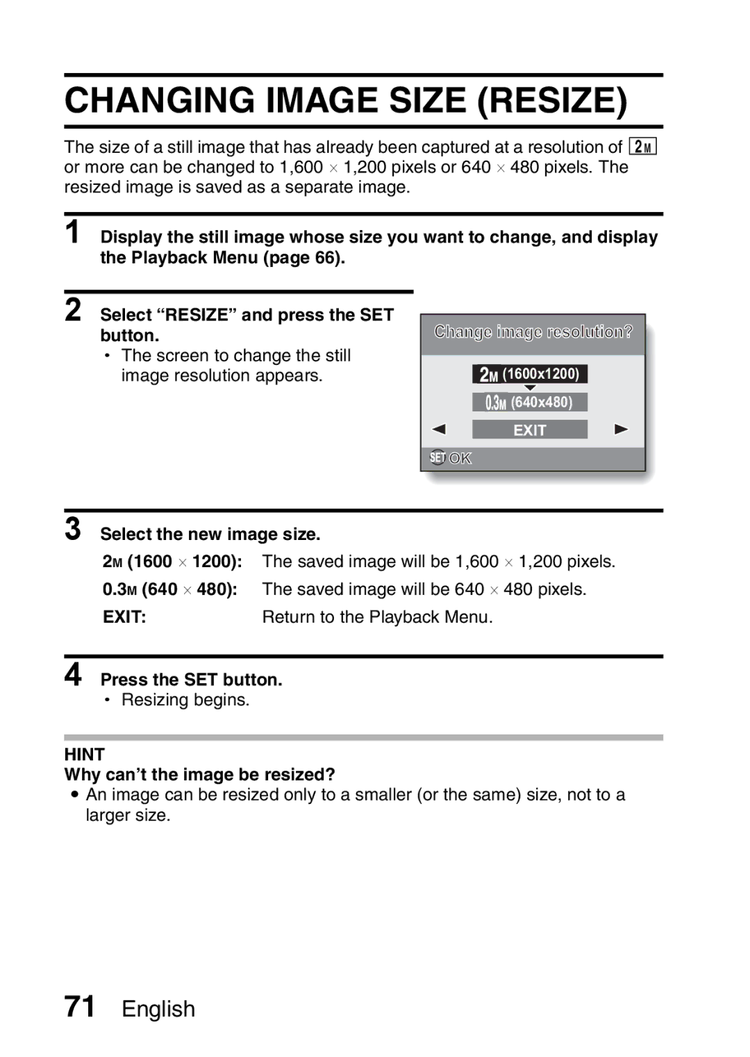 Sanyo VPC-S60 Changing Image Size Resize, Playback Menu Select Resize and press the SET Button, Select the new image size 