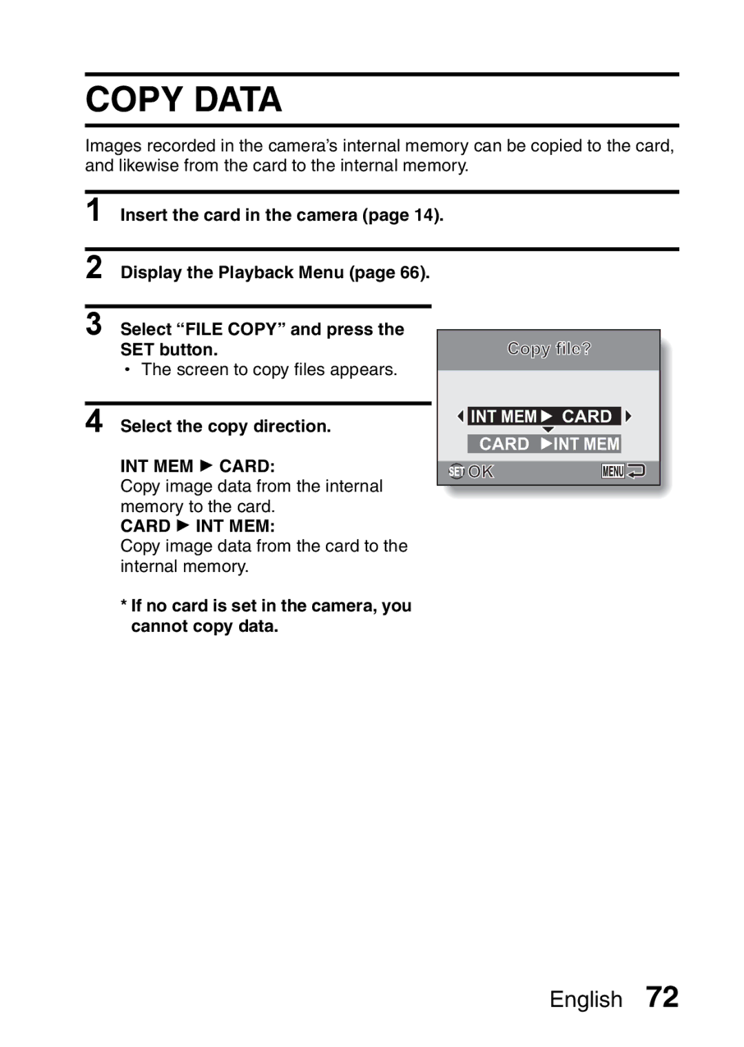 Sanyo VPC-S60 instruction manual Copy Data, If no card is set in the camera, you cannot copy data 