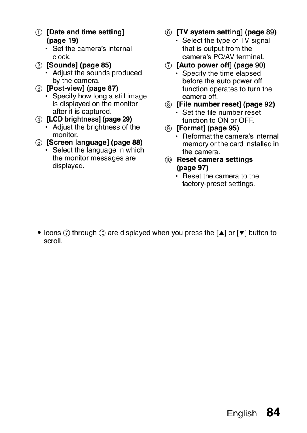 Sanyo VPC-S60 Date and time setting, Sounds, Post-view, LCD brightness page 29 h Adjust the brightness, Auto power off 