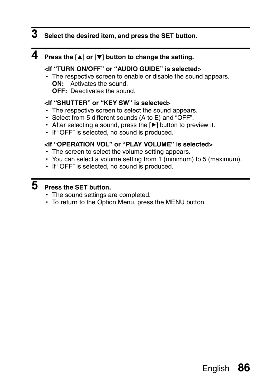 Sanyo VPC-S60 instruction manual If Shutter or KEY SW is selected, If Operation VOL or Play Volume is selected 