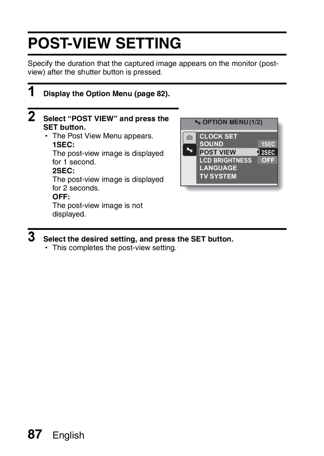 Sanyo VPC-S60 instruction manual POST-VIEW Setting, Select the desired setting, and press the SET button 