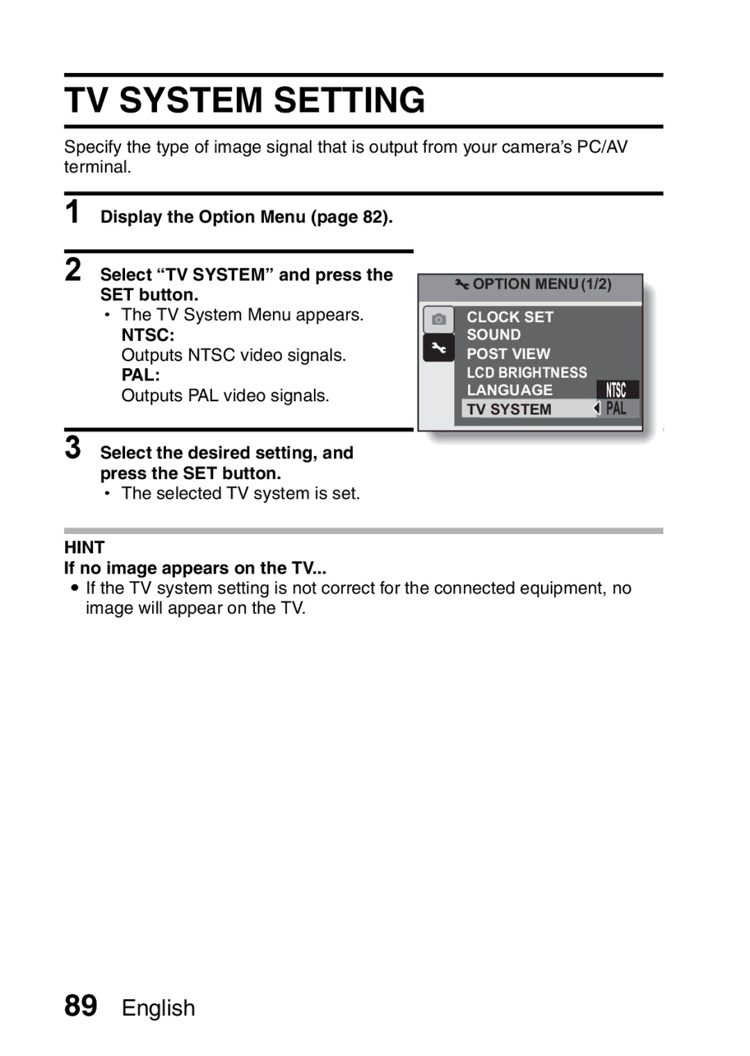 Sanyo VPC-S60 instruction manual TV System Setting, If no image appears on the TV 