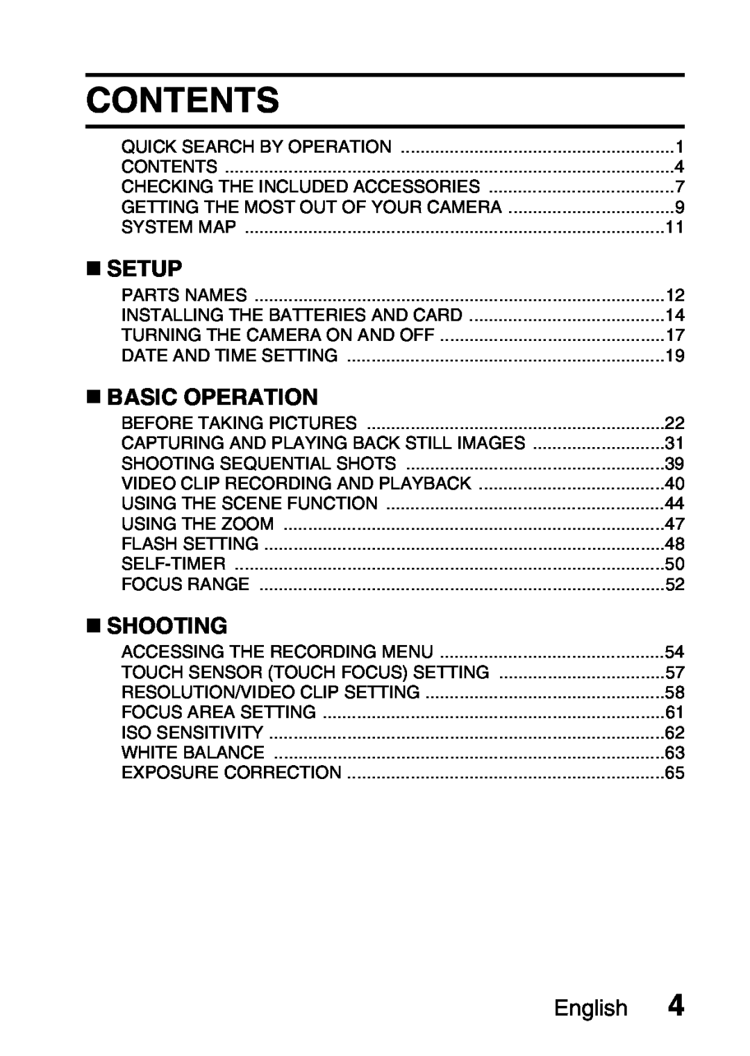 Sanyo VPC-S60 instruction manual Contents, „ Setup, „ Basic Operation, „ Shooting, English 