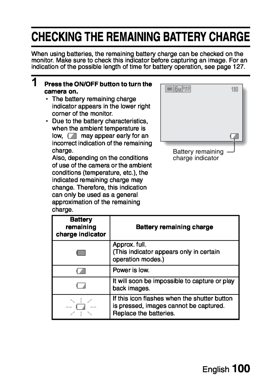 Sanyo VPC-S60 instruction manual Checking The Remaining Battery Charge, Battery remaining charge, English 