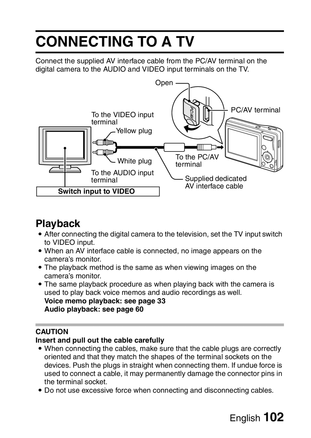 Sanyo VPC-S60 Connecting To A Tv, Playback, Switch input to VIDEO, Voice memo playback see page Audio playback see page 