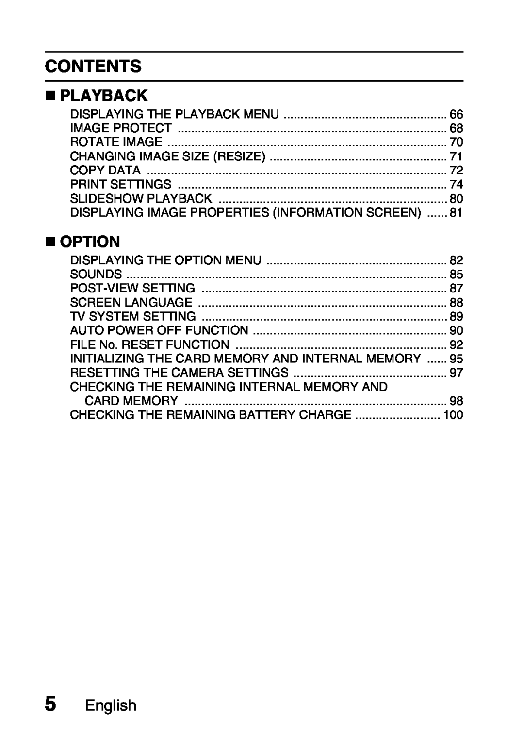 Sanyo VPC-S60 instruction manual Contents, „ Playback, „ Option, English 