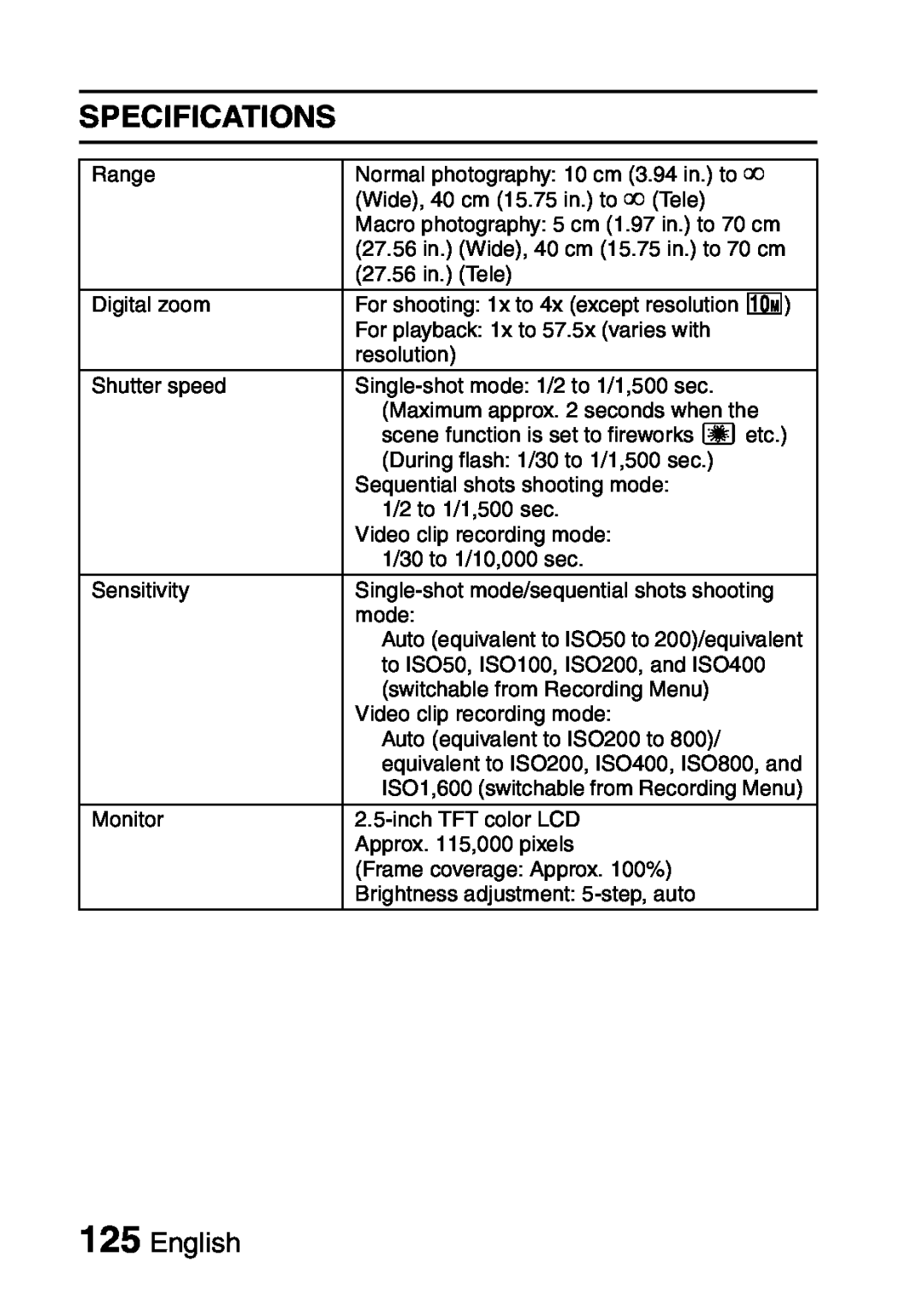 Sanyo VPC-S60 instruction manual Specifications, English 