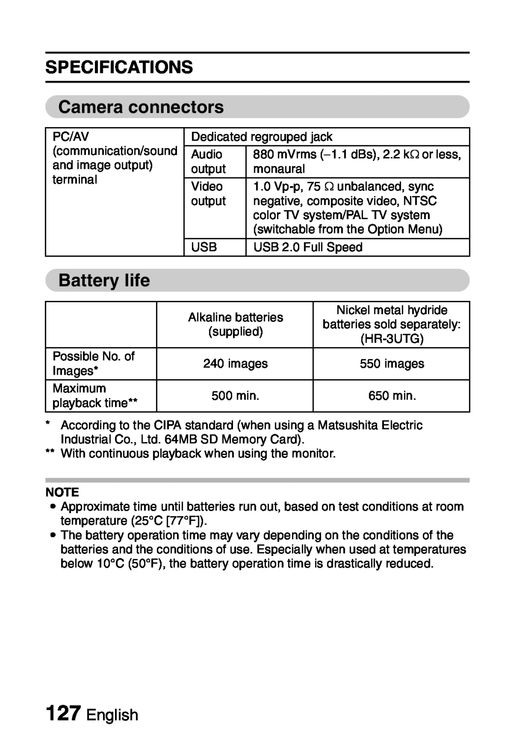 Sanyo VPC-S60 instruction manual SPECIFICATIONS Camera connectors, Battery life, English 
