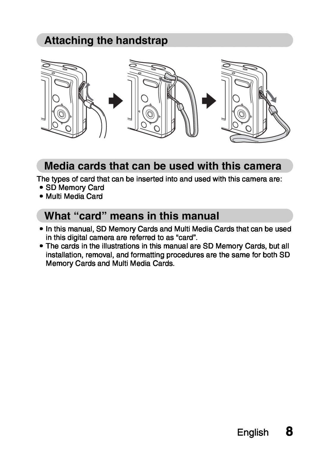 Sanyo VPC-S60 Attaching the handstrap Media cards that can be used with this camera, What “card” means in this manual 