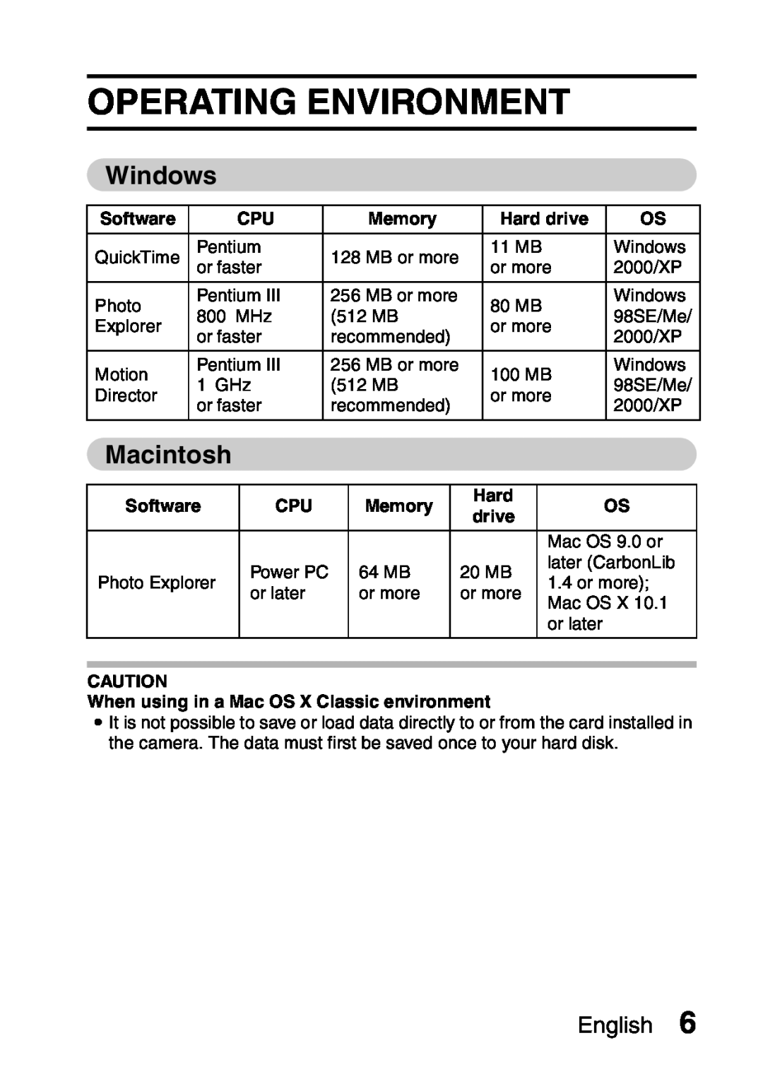 Sanyo VPC-S60 instruction manual Operating Environment, Windows, Macintosh, Software, Memory, Hard drive, English 