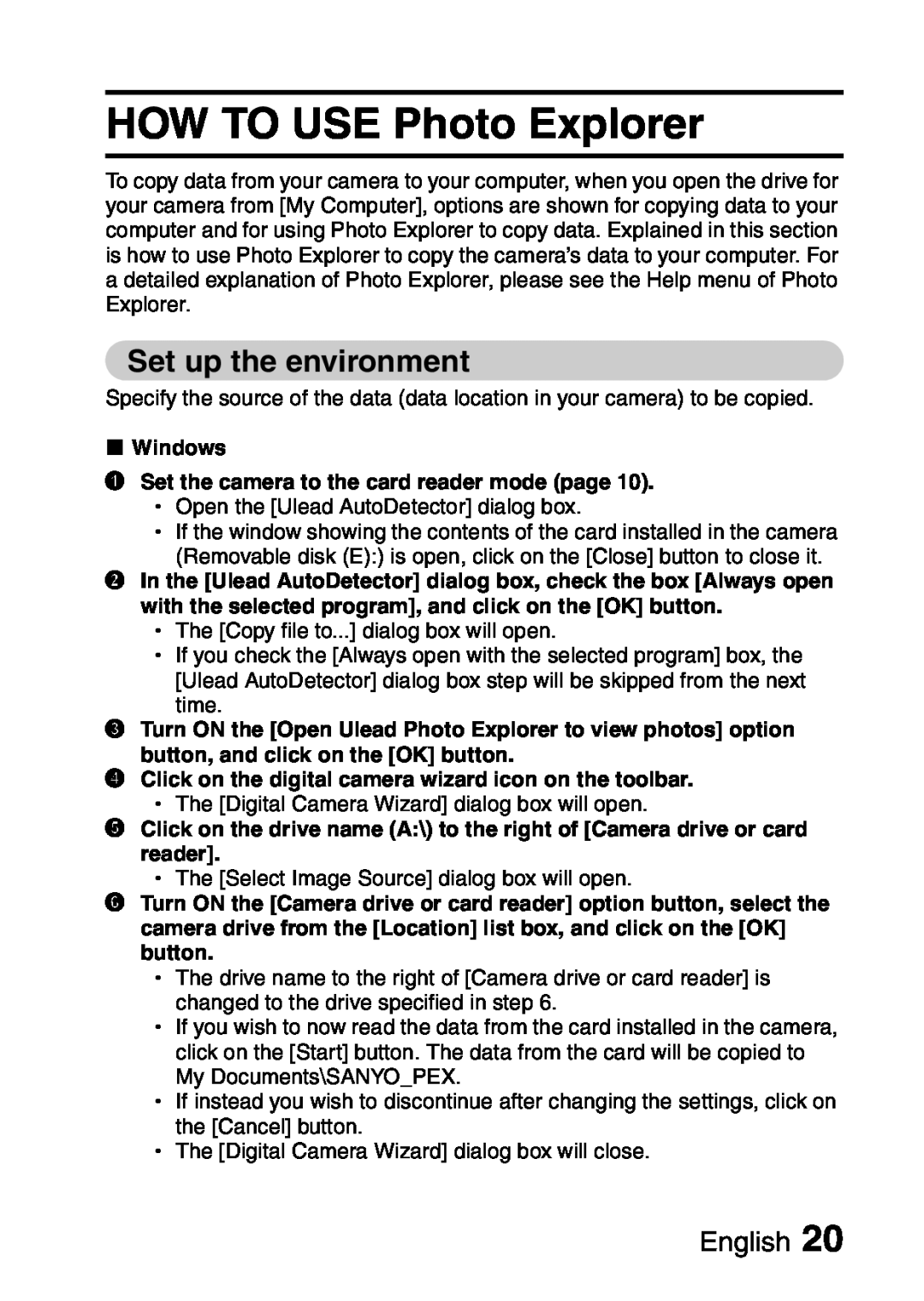 Sanyo VPC-S60 instruction manual HOW TO USE Photo Explorer, Set up the environment, k Windows, English 