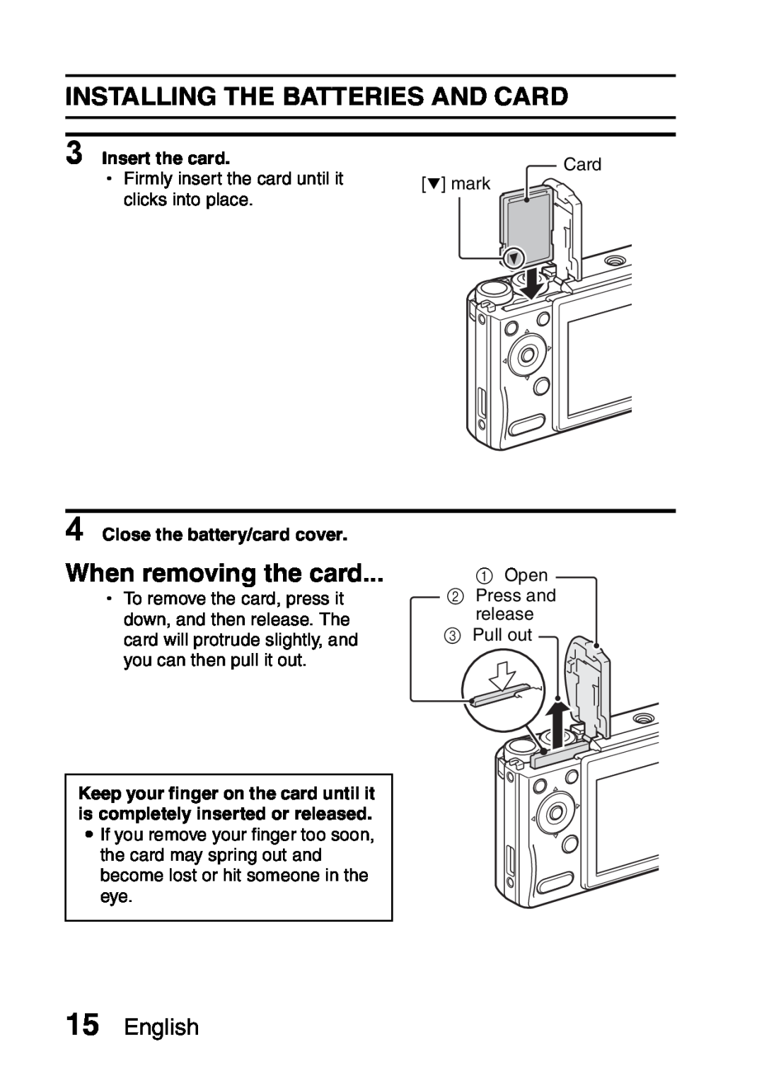Sanyo VPC-S60 instruction manual Installing The Batteries And Card, When removing the card, English, Insert the card 