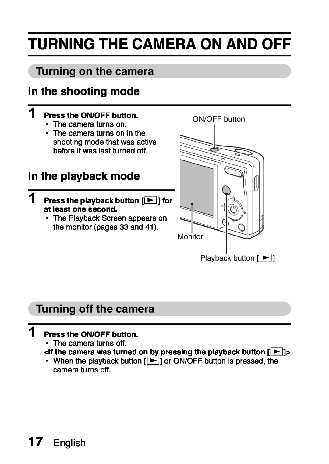 Sanyo VPC-S60 Turning The Camera On And Off, Turning on the camera In the shooting mode, In the playback mode, English 