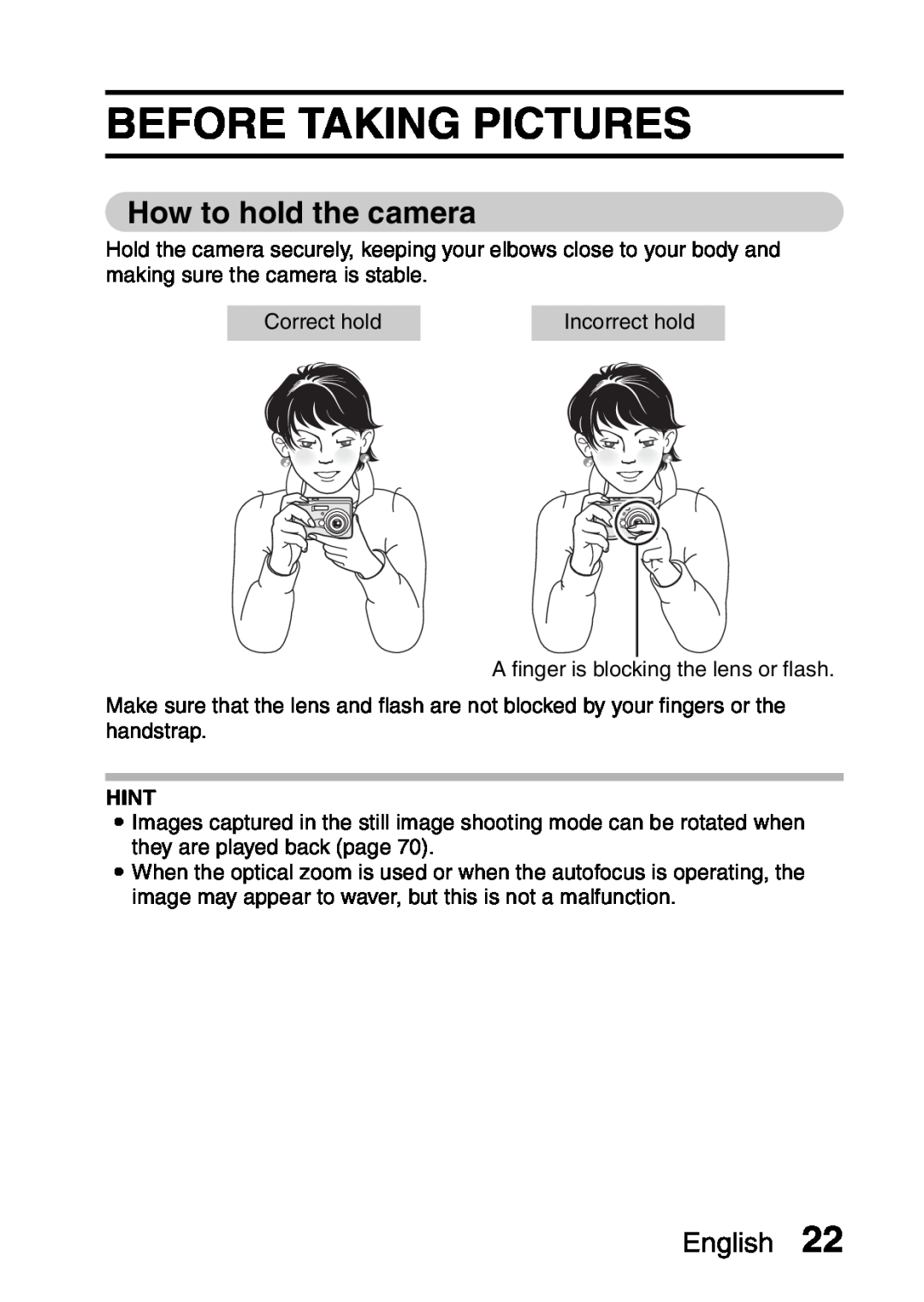 Sanyo VPC-S60 instruction manual Before Taking Pictures, How to hold the camera, English, Hint 