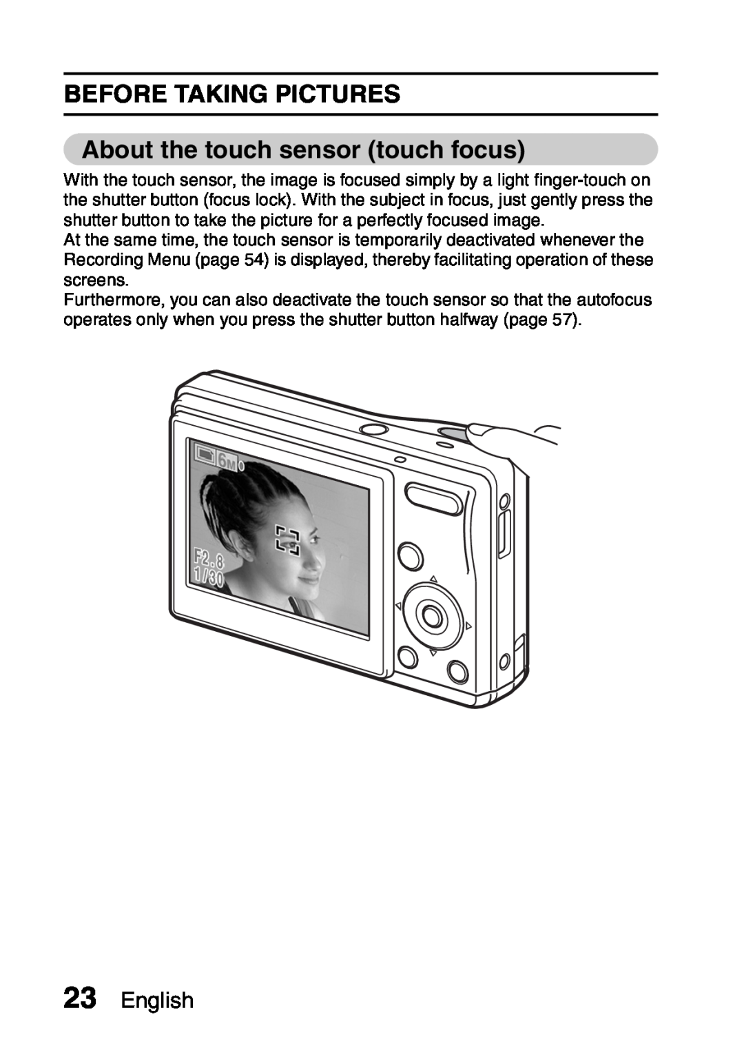 Sanyo VPC-S60 instruction manual BEFORE TAKING PICTURES About the touch sensor touch focus, English 