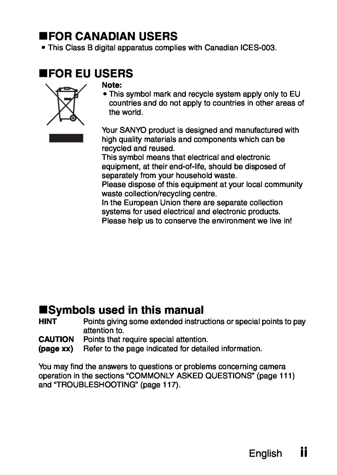 Sanyo VPC-S60 kFOR CANADIAN USERS, kFOR EU USERS, kSymbols used in this manual, English, Hint, attention to, page 