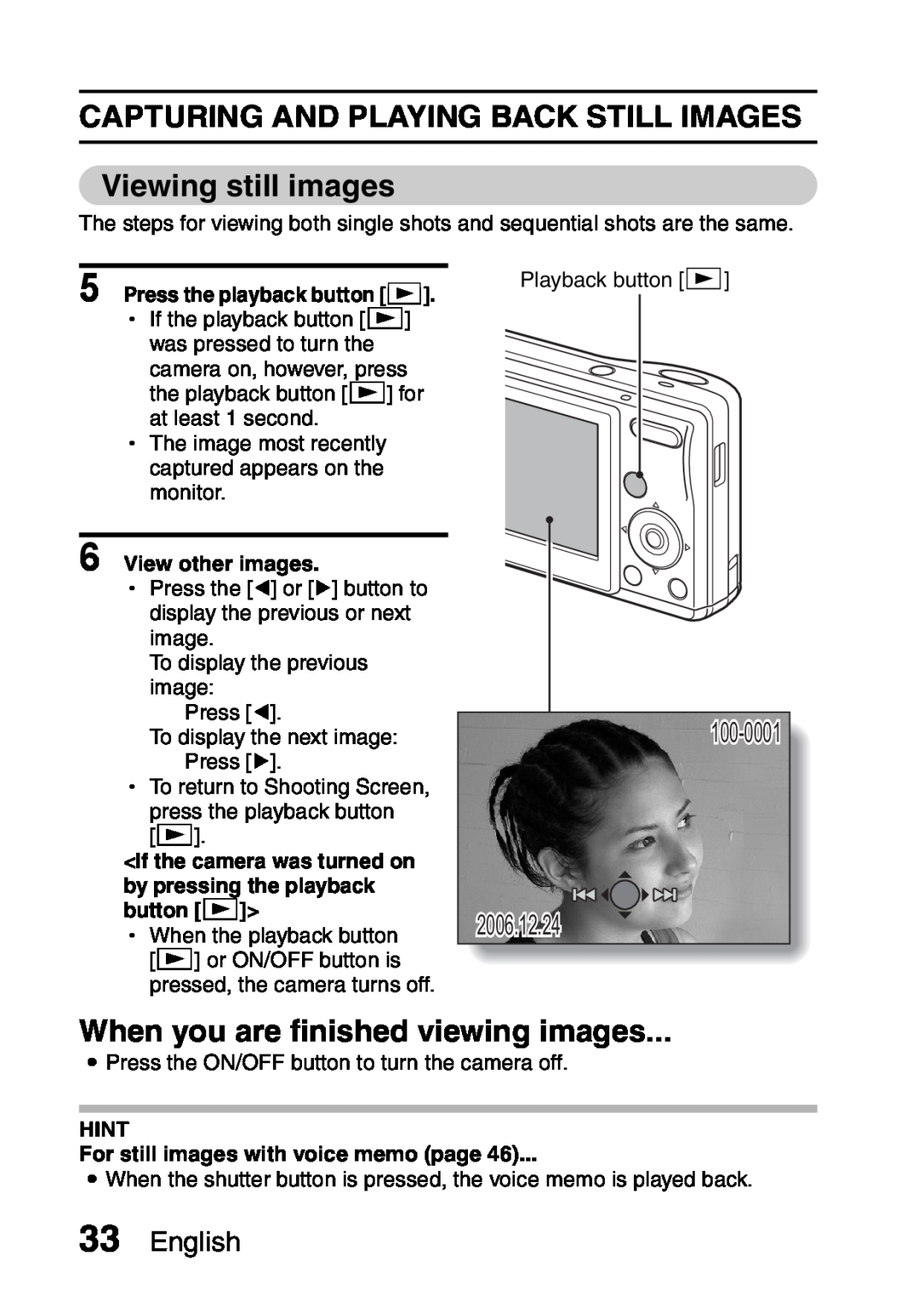 Sanyo VPC-S60 CAPTURING AND PLAYING BACK STILL IMAGES Viewing still images, When you are finished viewing images, English 