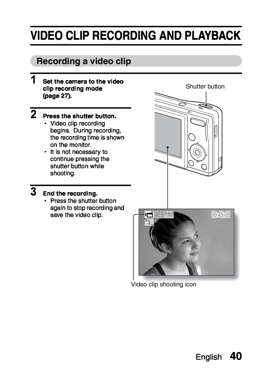 Sanyo VPC-S60 Video Clip Recording And Playback, Recording a video clip, End the recording, English, 004500 