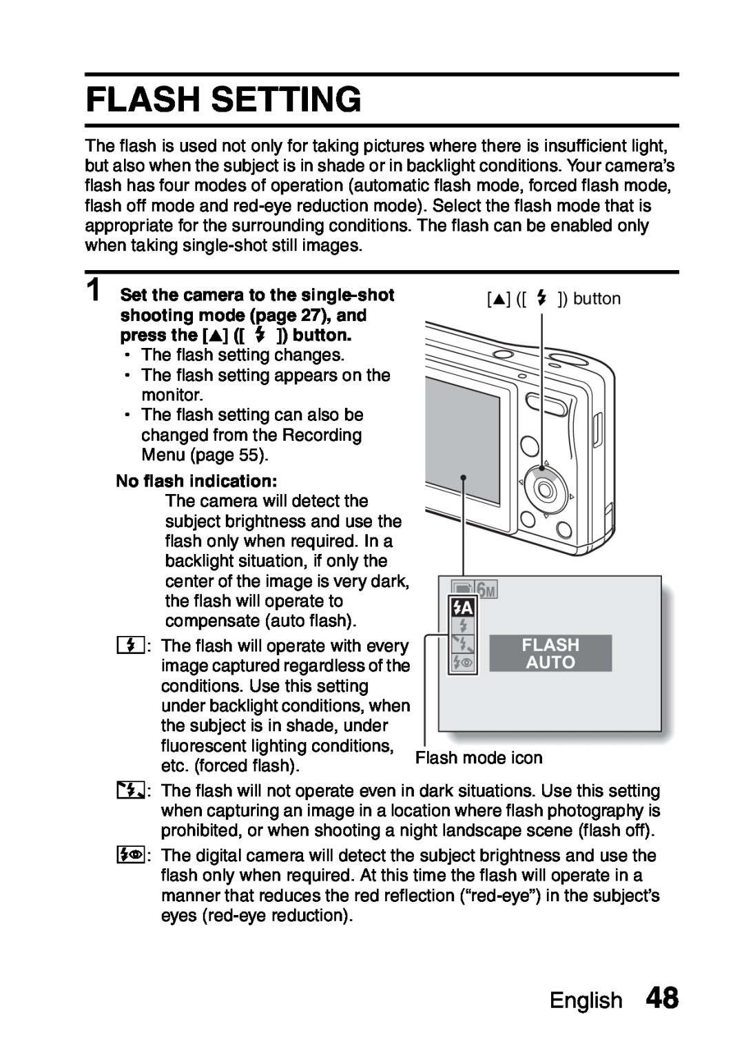 Sanyo VPC-S60 Flash Setting, Set the camera to the single-shot, n ? button, shooting mode page 27, and, Auto, English 