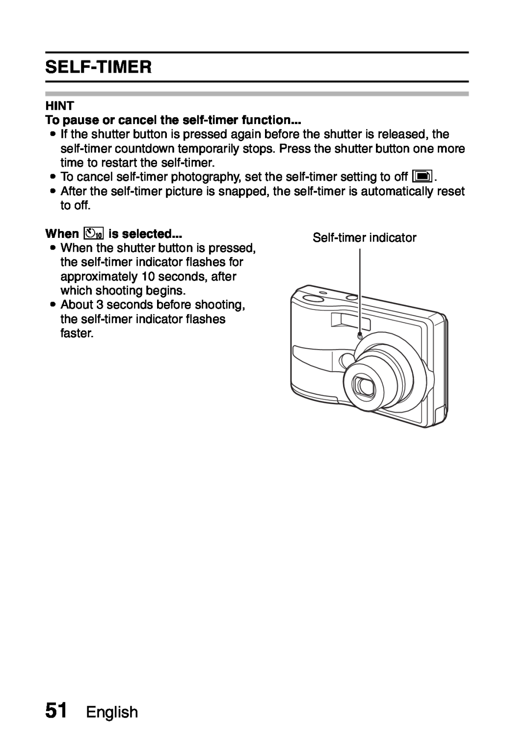 Sanyo VPC-S60 instruction manual Self-Timer, English, HINT To pause or cancel the self-timer function, When xis selected 
