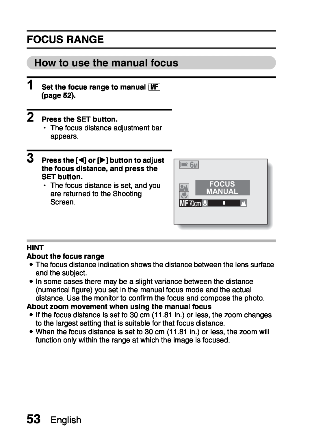 Sanyo VPC-S60 FOCUS RANGE How to use the manual focus, English, Set the focus range to manual page, Manual 