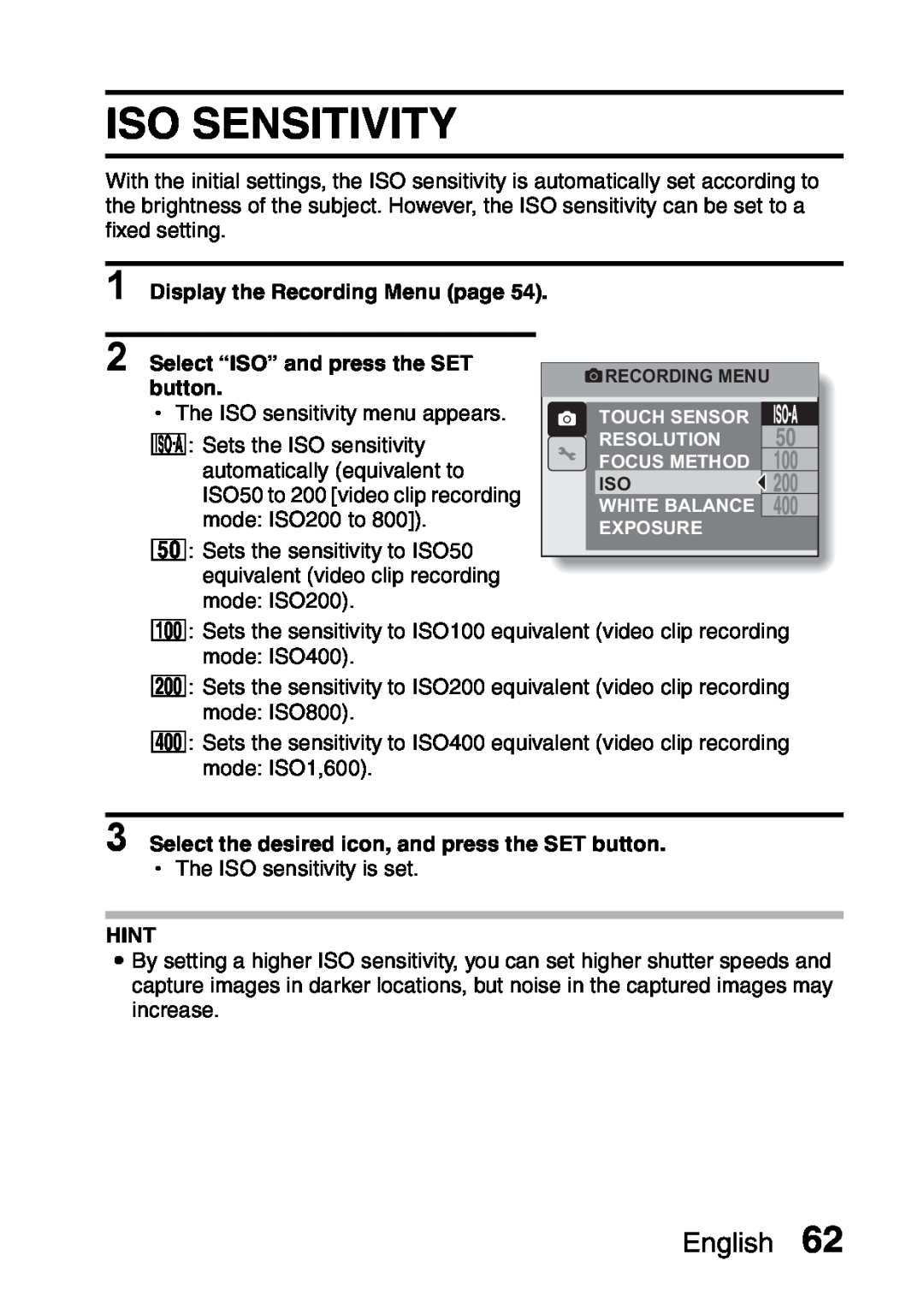 Sanyo VPC-S60 Iso Sensitivity, Select “ISO” and press the SET button, English, Display the Recording Menu page, Hint 
