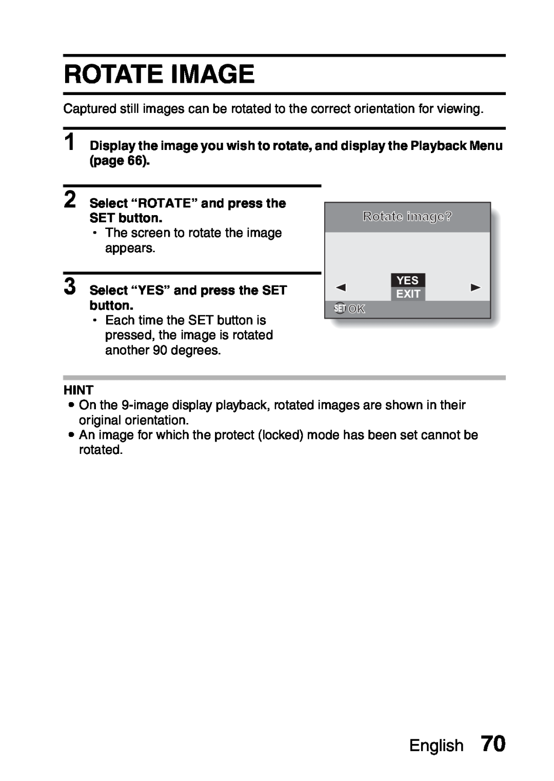 Sanyo VPC-S60 instruction manual Rotate Image, Select “ROTATE” and press the SET button, Rotate image?, English, Hint 
