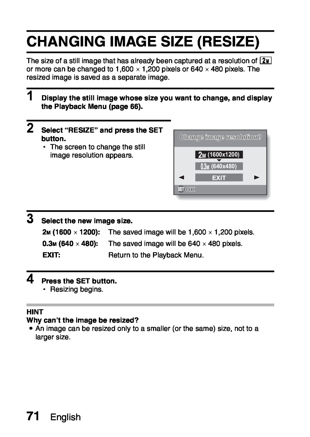 Sanyo VPC-S60 Changing Image Size Resize, English, the Playback Menu page, Select “RESIZE” and press the SET, button 