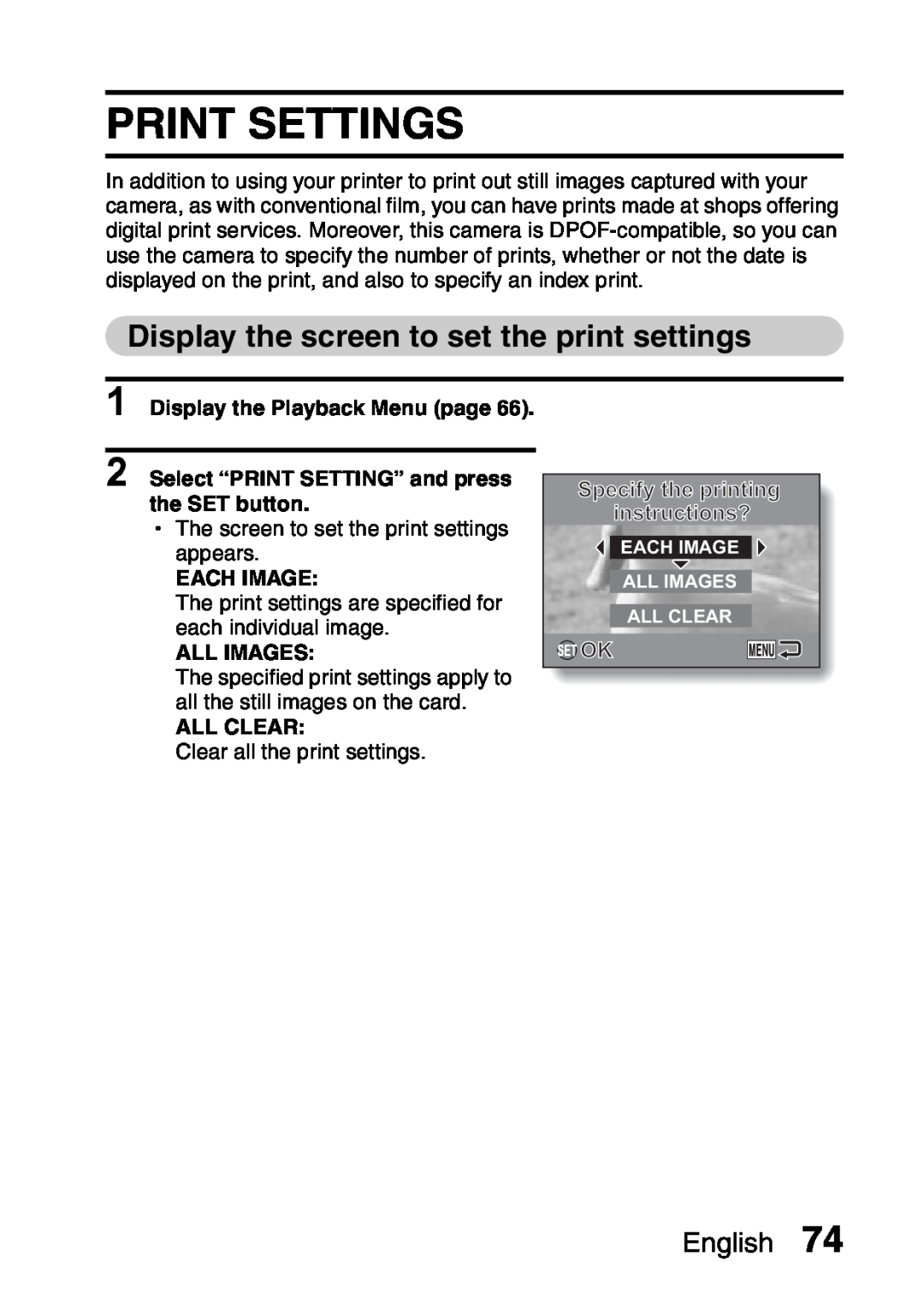 Sanyo VPC-S60 Print Settings, Display the screen to set the print settings, Display the Playback Menu page, Each Image 