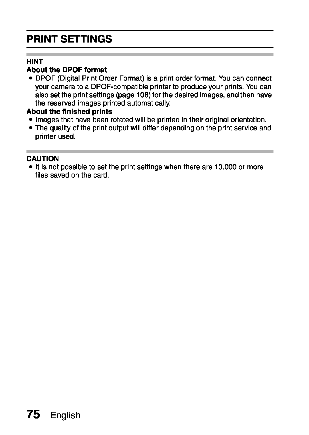 Sanyo VPC-S60 instruction manual Print Settings, English, HINT About the DPOF format, About the finished prints 