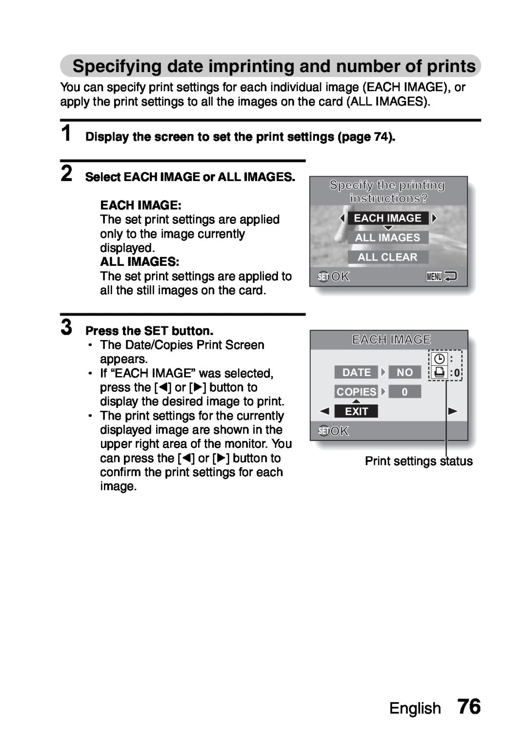 Sanyo VPC-S60 Specifying date imprinting and number of prints, Display the screen to set the print settings page, English 