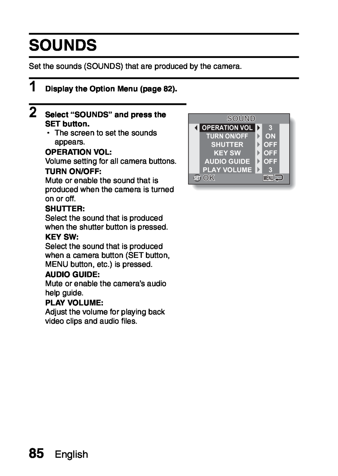 Sanyo VPC-S60 Sounds, English, Display the Option Menu page, Select “SOUNDS” and press the SET button, Operation Vol 