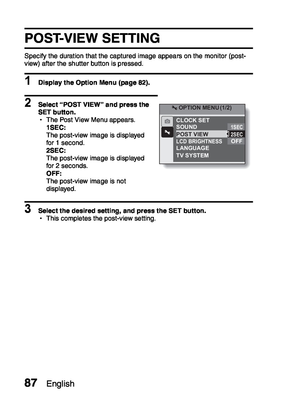 Sanyo VPC-S60 instruction manual Post-View Setting, English, Select “POST VIEW” and press the SET button, 1SEC, 2SEC 