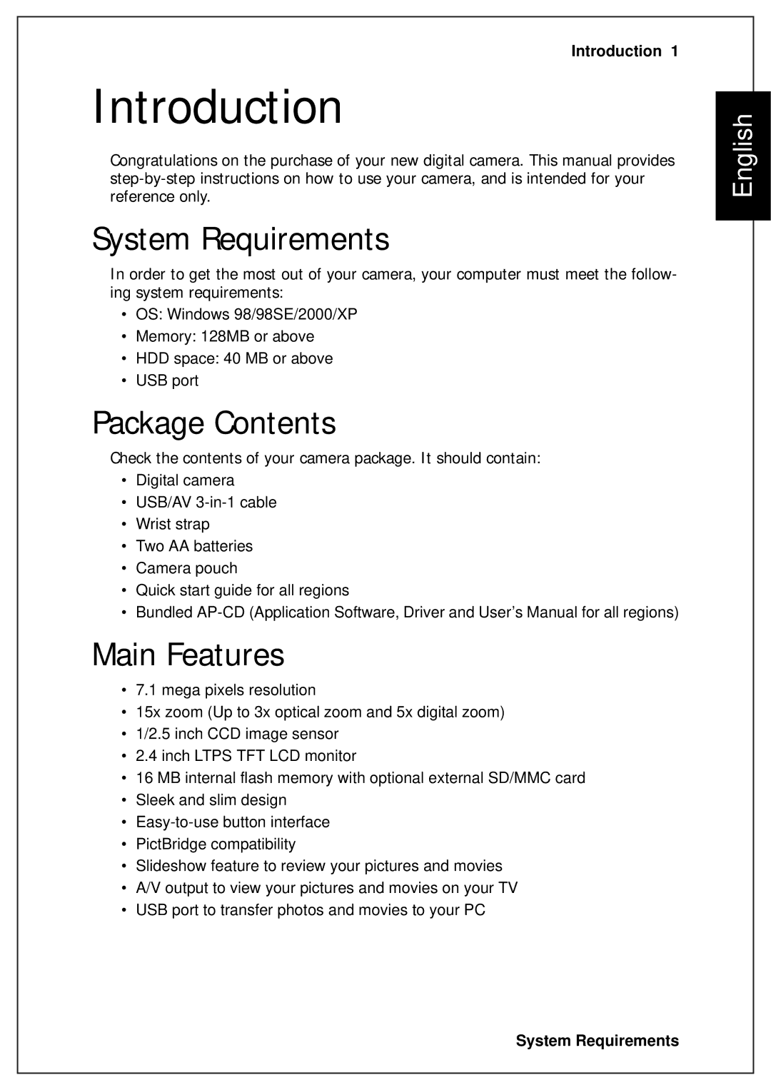 Sanyo VPC-S750 user manual Introduction, System Requirements, Package Contents, Main Features 